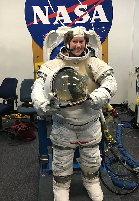 photo of BW alum Liz Goetchius in space suit